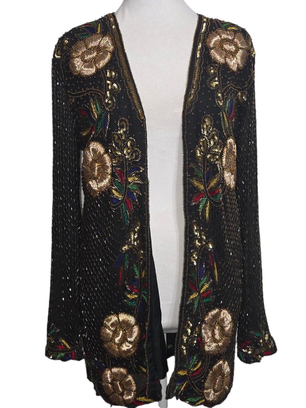 Vtg Beaded Sequin Floral Jacket Black Embellished Evening Cocktail Cardigan Art